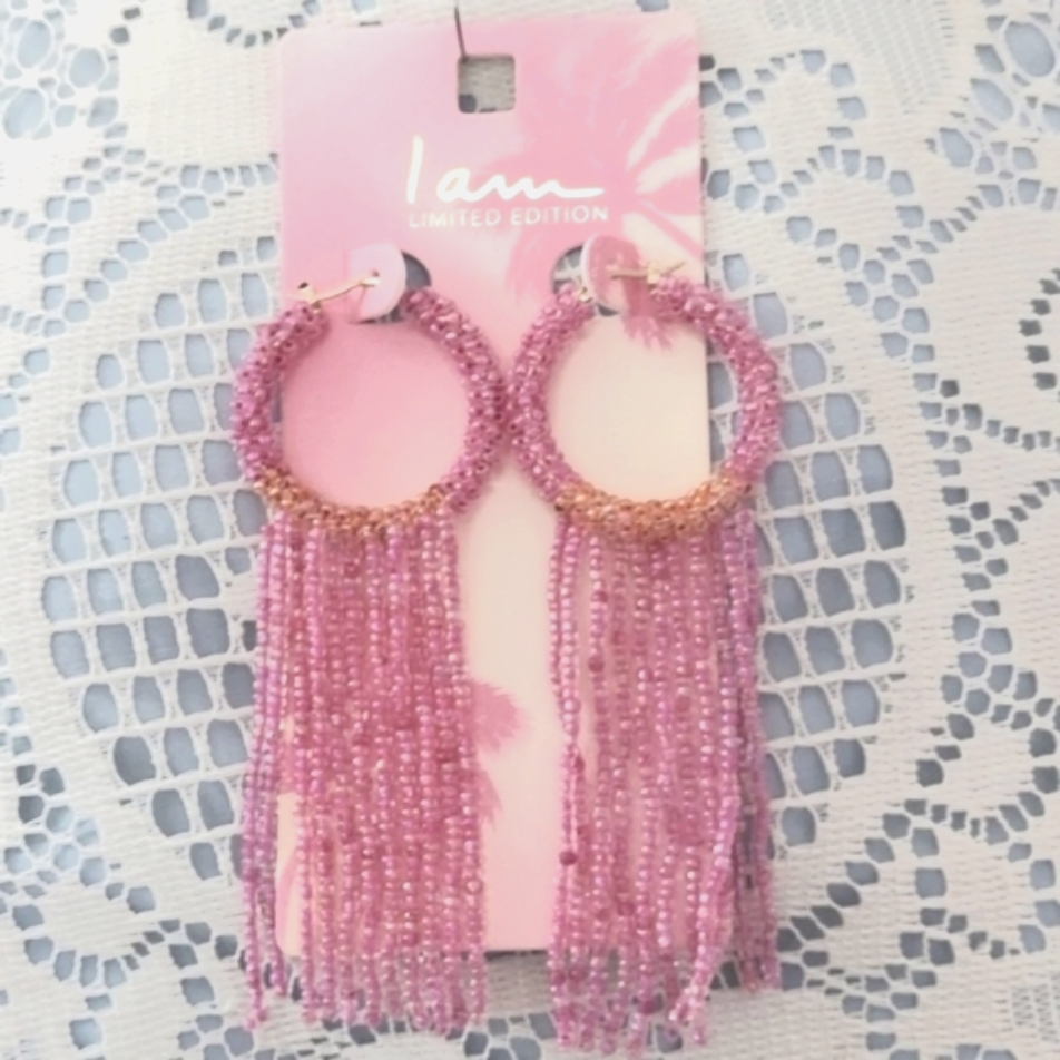 Pink Sparkle Beaded Long Dangle Boho Earrings New